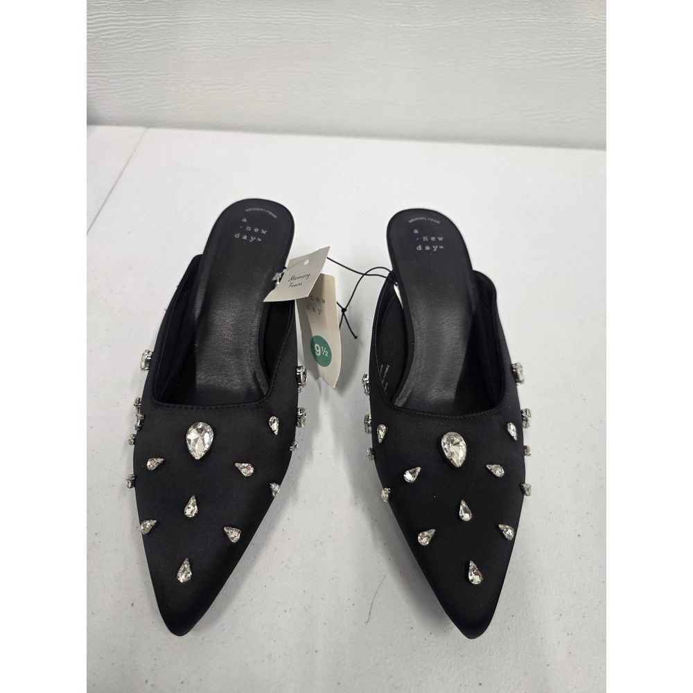 A New Day Womens Black Satin Rhinestone Embellished Kitten Heel Mules Size 9.5
